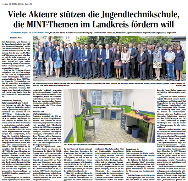 Artikelserie über die Jugend­technikschule Main-Tauber in den Fränkischen Nachrichten geht weiter!